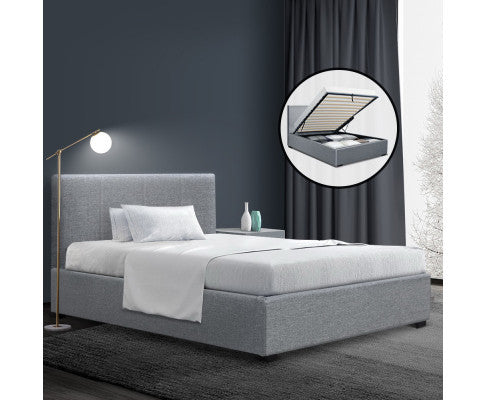 KING SINGLE NINO LINEN FABRIC GAS LIFT BED FRAME - GREY