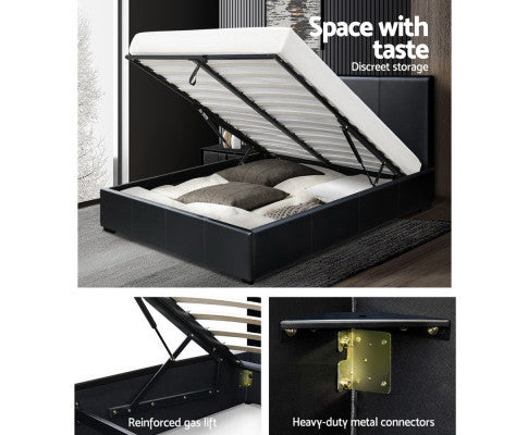 QUEEN NINO LEATHERETTE FRONT GAS LIFT BED - BLACK