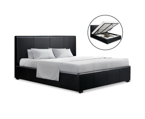 QUEEN NINO LEATHERETTE FRONT GAS LIFT BED - BLACK