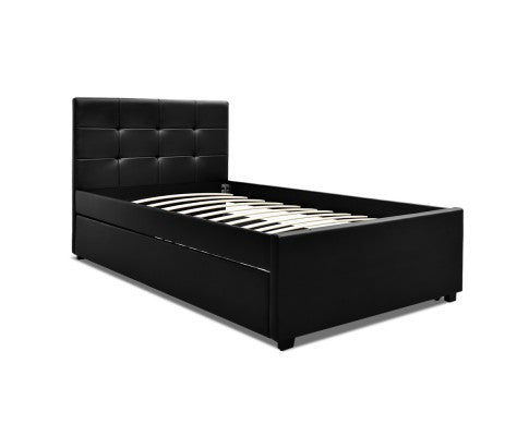 KING SINGLE FLEET LEATHERETTE BED WITH SINGLE TRUNDLE BED - BLACK