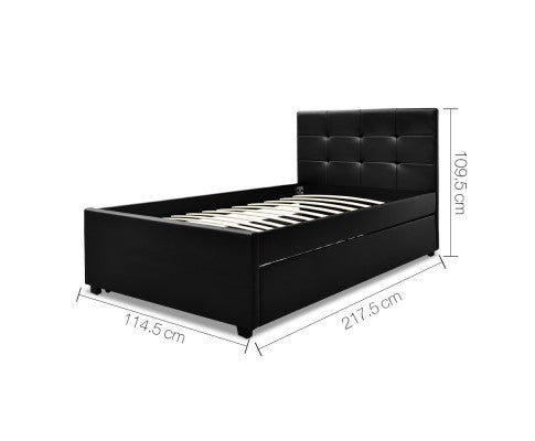 KING SINGLE FLEET LEATHERETTE BED WITH SINGLE TRUNDLE BED - BLACK