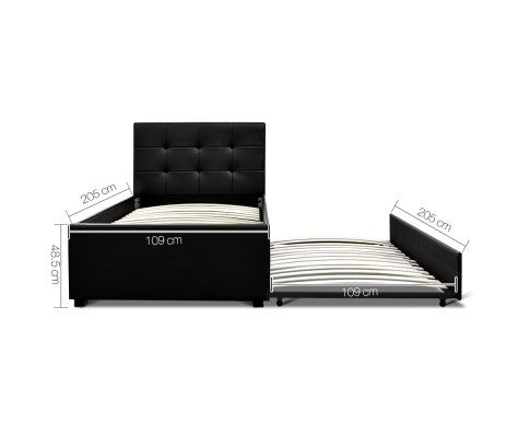 KING SINGLE FLEET LEATHERETTE BED WITH SINGLE TRUNDLE BED - BLACK