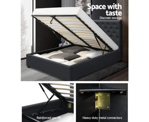 DOUBLE GENEKO GAS LIFT STORAGE FABRIC BED - CHARCOAL