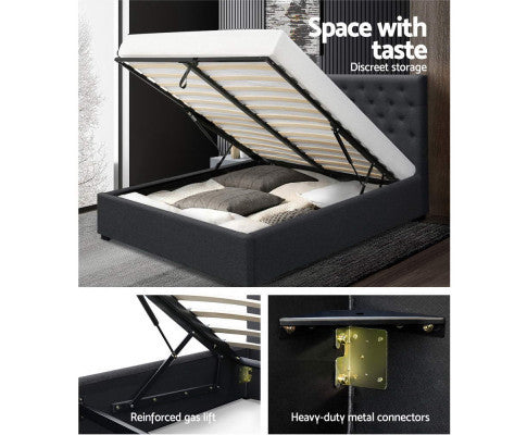 QUEEN GENEKO GAS LIFT STORAGE BED - CHARCOAL