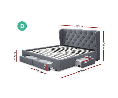 DOUBLE MILA FABRIC BED FRAME WITH 4 STORAGE DRAWERS - (BFRAME-F-MILA-D-GY-ABC) - GREY