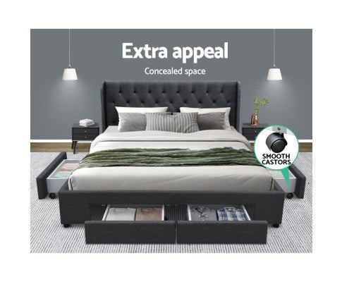 KING MILA FABRIC BED FRAME WITH 4 STORAGE DRAWERS - CHARCOAL