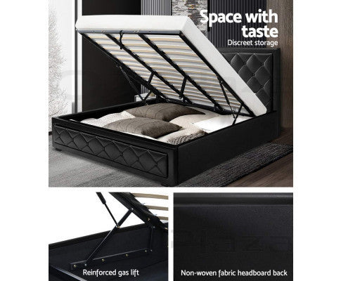 KING JUNNIE FRONT LEATHERETTE GAS LIFT STORAGE BED WITH BUTTONS - BLACK
