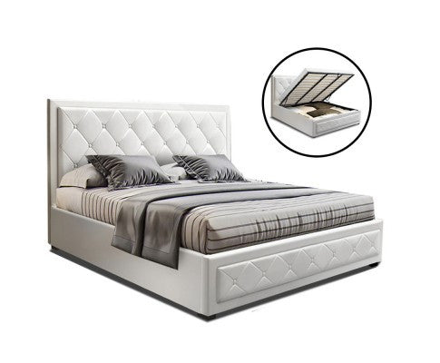 QUEEN CLIFTON LEATHERETTE FRONT GAS LIFT BED - WHITE