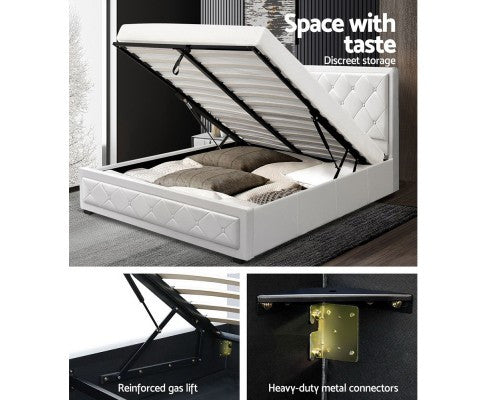 QUEEN CLIFTON LEATHERETTE FRONT GAS LIFT BED - WHITE