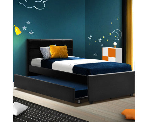 KING SINGLE SIDRA LEATHERETTE BED FRAME WITH SINGLE TRUNDLE - BLACK
