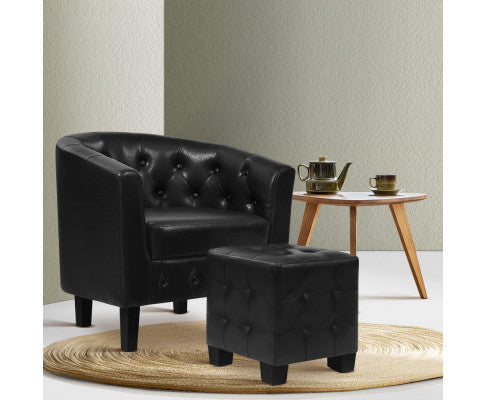 HERSCHEL PU LEATHER ARMCHAIR WITH OTTOMAN - BLACK