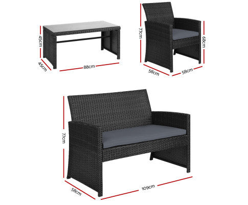 NORMA 4 PIECE OUTDOOR RATTAN LOUNGE SETTING - BLACK