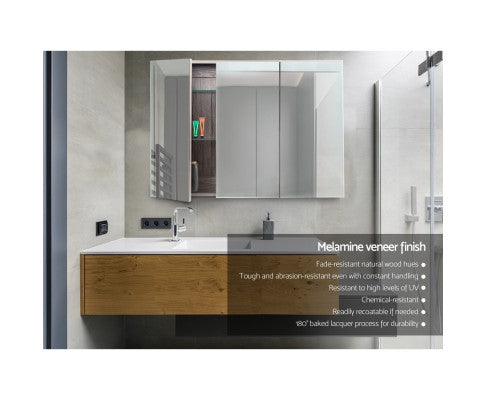 PERNELLE 3 DOOR BATHROOM STORAGE CABINET WITH VANITY MIRROR - NATURAL