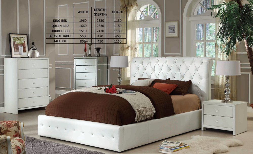 QUEEN DIAMENTI LEATHERETTE BED (BE-519) - SHINY BLACK OR IVORY