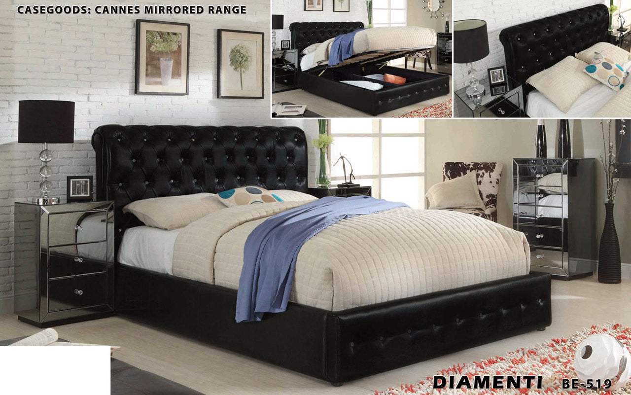 DIAMENTI (BE-519) KING 4 PIECE TALLBOY BEDROOM SUITE WITH CANNES (BE-829) MIRRORED CASE GOODS AND GAS LIFT UNDERBD STORAGE - LEATHERETTE - BLACK OR IVORY