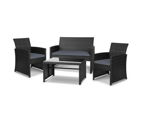 NORMA 4 PIECE OUTDOOR RATTAN LOUNGE SETTING - BLACK