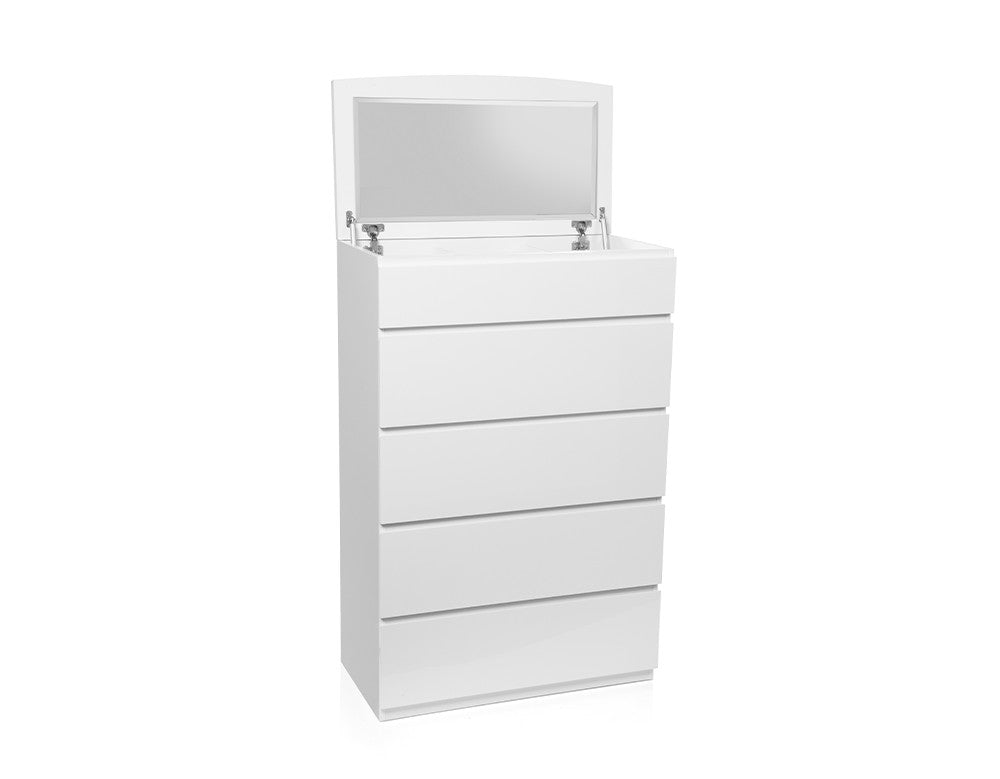 ROGAN 5 DRAWER TALLBOY CHEST WITH OPEN MIRROR - (LS 718 TB) - HIGH GLOSS WHITE