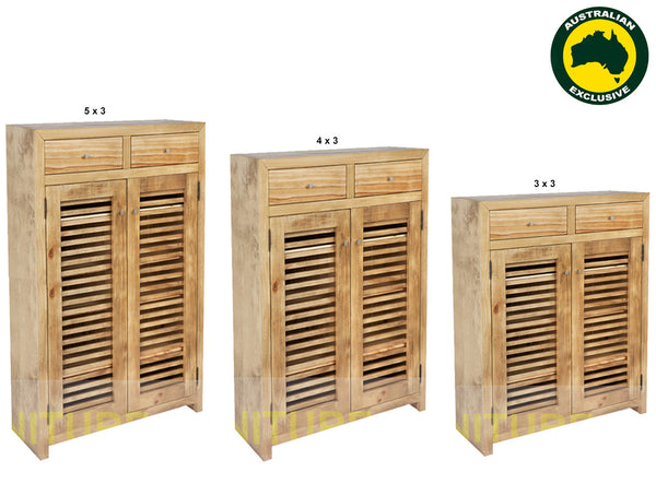 BANDY (AUSSIE MADE) SHOE CABINET WITH 2 LATTICE DOORS / 2 DRAWERS COLLECTION - ASSORTED STAINED COLOURS
