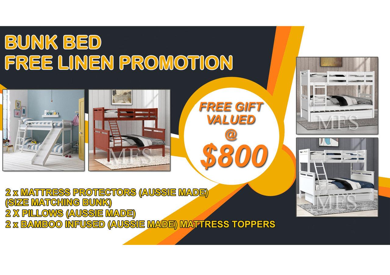 SINGLE OVER SINGLE AWESOME (MODEL 6-15-18-20-5) BUNK BED - EXCLUDING TRUNDLE - TEAK - INCLUDES FREE LINEN PROMO PACKAGE - VALUED AT $800