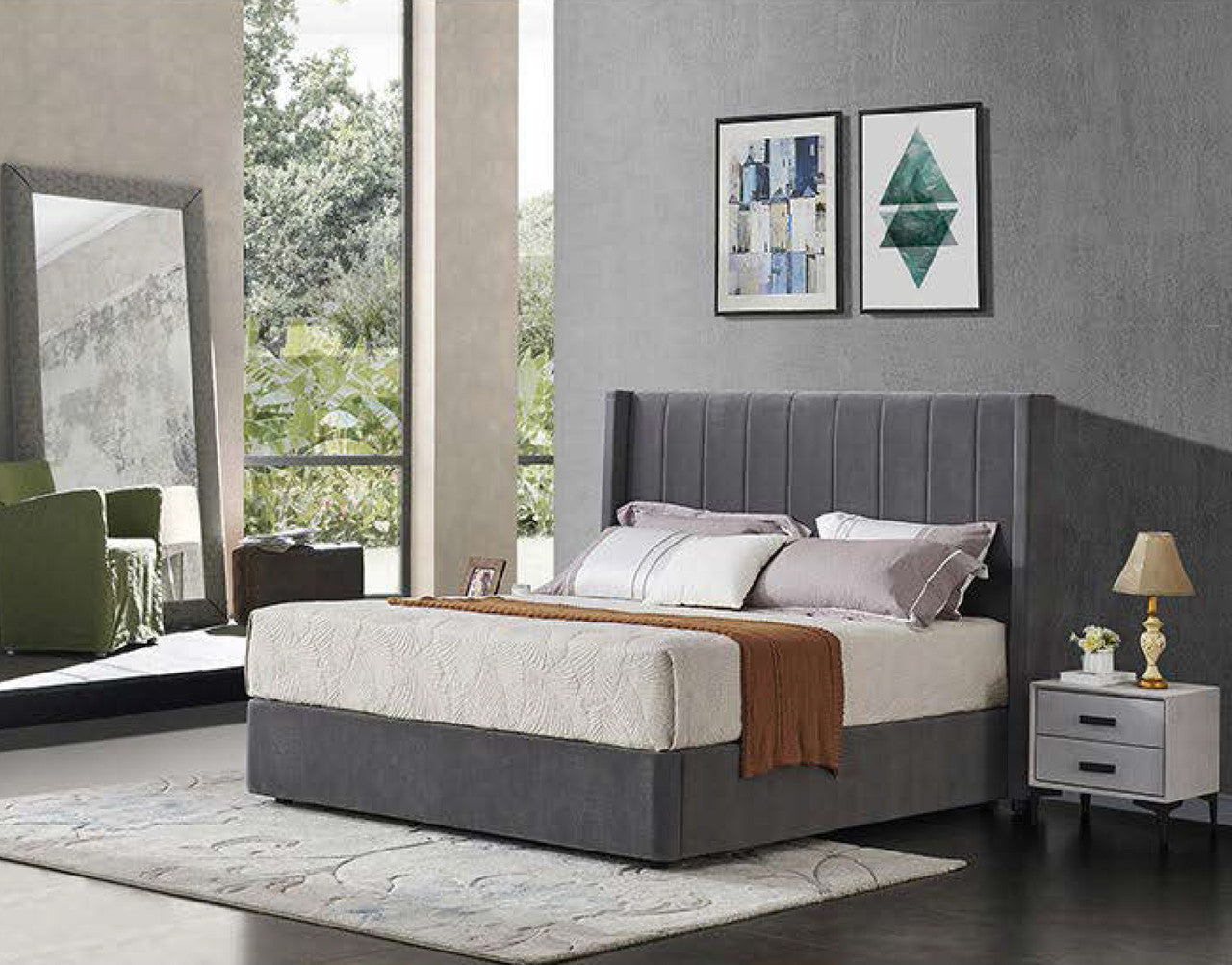 QUEEN KENSINGTON LEATHERETTE / LINEN / VELVET GAS LIFT BED - ASSORTED COLOURS