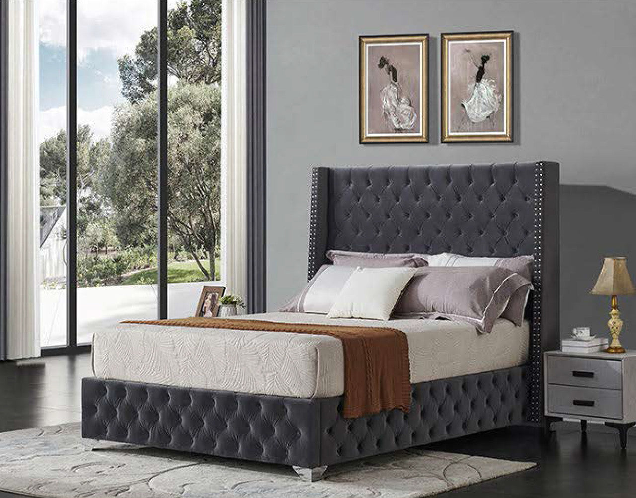QUEEN SCHUYLKILL LEATHERETTE / LINEN / VELVET WINGED BED - ASSORTED COLOURS