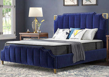 QUEEN SOLANO LEATHERETTE / LINEN / VELVET FANCY BED WITH METAL BEDHEAD FRAME - ASSORTED COLOURS