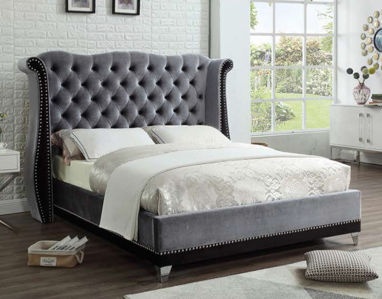QUEEN HAWTHORNE LEATHERETTE / LINEN / VELVET WINGED BED - ASSORTED COLOURS