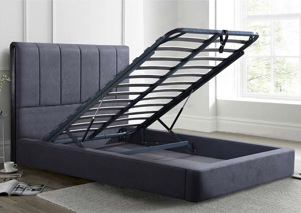 QUEEN SACRAMENTO LEATHERETTE / LINEN / VELVET GAS LIFT BED - ASSORTED COLOURS