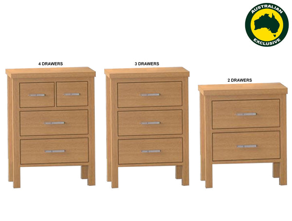 BELROSE (AUSSIE MADE) BEDSIDE TABLE COLLECTION - TASSIE OAK COMBINATION - ASSORTED STAINED COLOURS