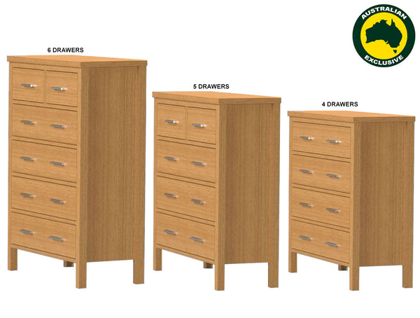 BELROSE (AUSSIE MADE) TALLBOY COLLECTION - TASSIE OAK COMBINATION - ASSORTED STAINED COLOURS