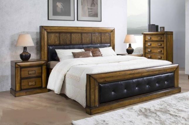 KING BROOKLYN WITH BLACK PU UPHOLSTERED PANEL BED - ANTIQUE MERONI FINISH