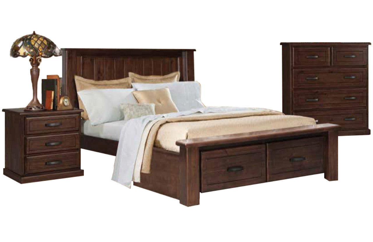 BUSHLAND QUEEN 3 PIECE (BEDSIDE) BEDROOM SUITE - (BED WITH 2 END DRAWERS) - ANTIQUE NIGHT