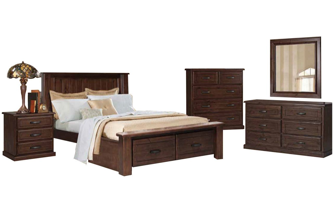 BUSHLAND KING 5 PIECE (DRESSER) BEDROOM SUITE - ( BED WITH 2 END DRAWERS) - ANTIQUE NIGHT