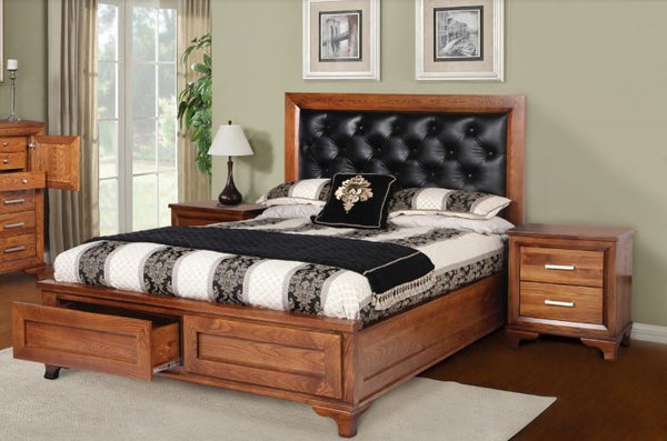 QUEEN CASSIDY AMERICAN OAK BED FRAME WITH UPHOLSTERED BEDHEAD AND UNDERBED STORAGE (3-1-13-4-5-14) - OAK
