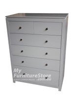 CELINE (AUSSIE MADE) 6 DRAWER TALLBOY WITH HANDLES - 1300(H) X 900(W) - ASSORTED COLOURS (PICTURED IN WHITE)