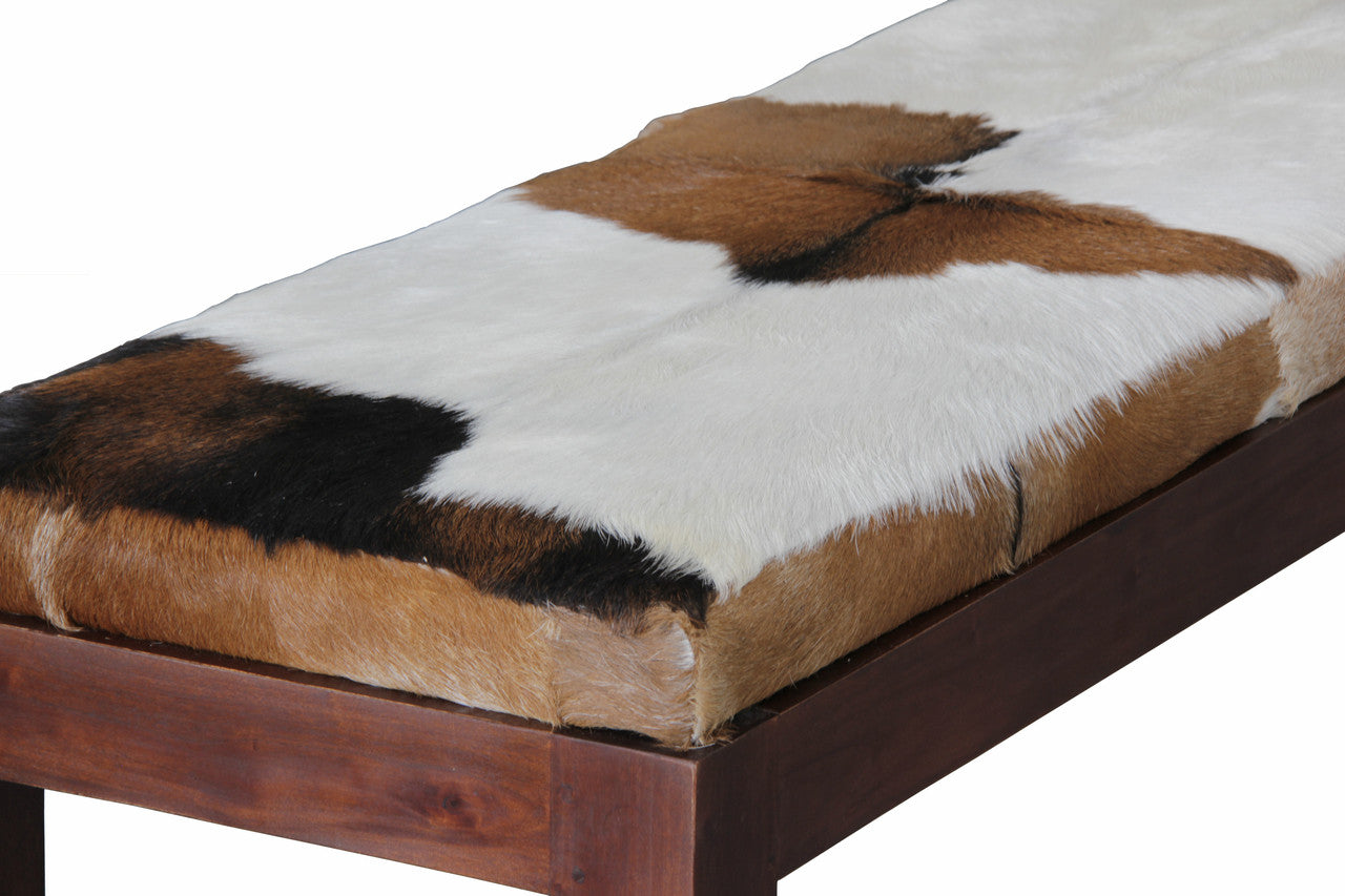 ARDMORE SOLID TIMBER DOUBLE BENCH WITH GOAT HIDE SEAT - 470(H) x 1300(W) -MAHOGANY