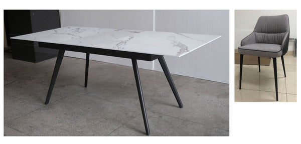 CIVIC 7 PIECE EXTENSION DINING SETTING - 1600/2000(W) x 900(D) - WHITE MARBLE EFFECT / GREY VELVET