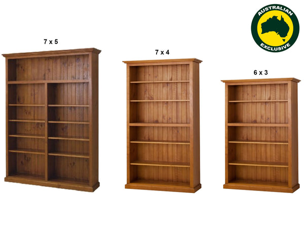 NOLAN (AUSSIE MADE) HIGHLINE BOOKCASE WITH MIDDLE 40MM TRIMM COLLECTION - ASSORTED STAINED COLOURS