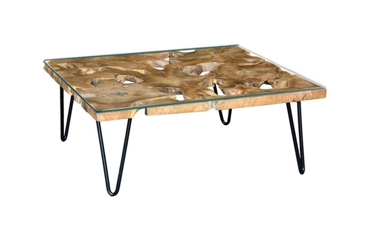 CONSARON RECYCLED TIMBER COFFEE TABLE WITH GLASS TOP - 900(W) X 900(D) -NATURAL TEAK