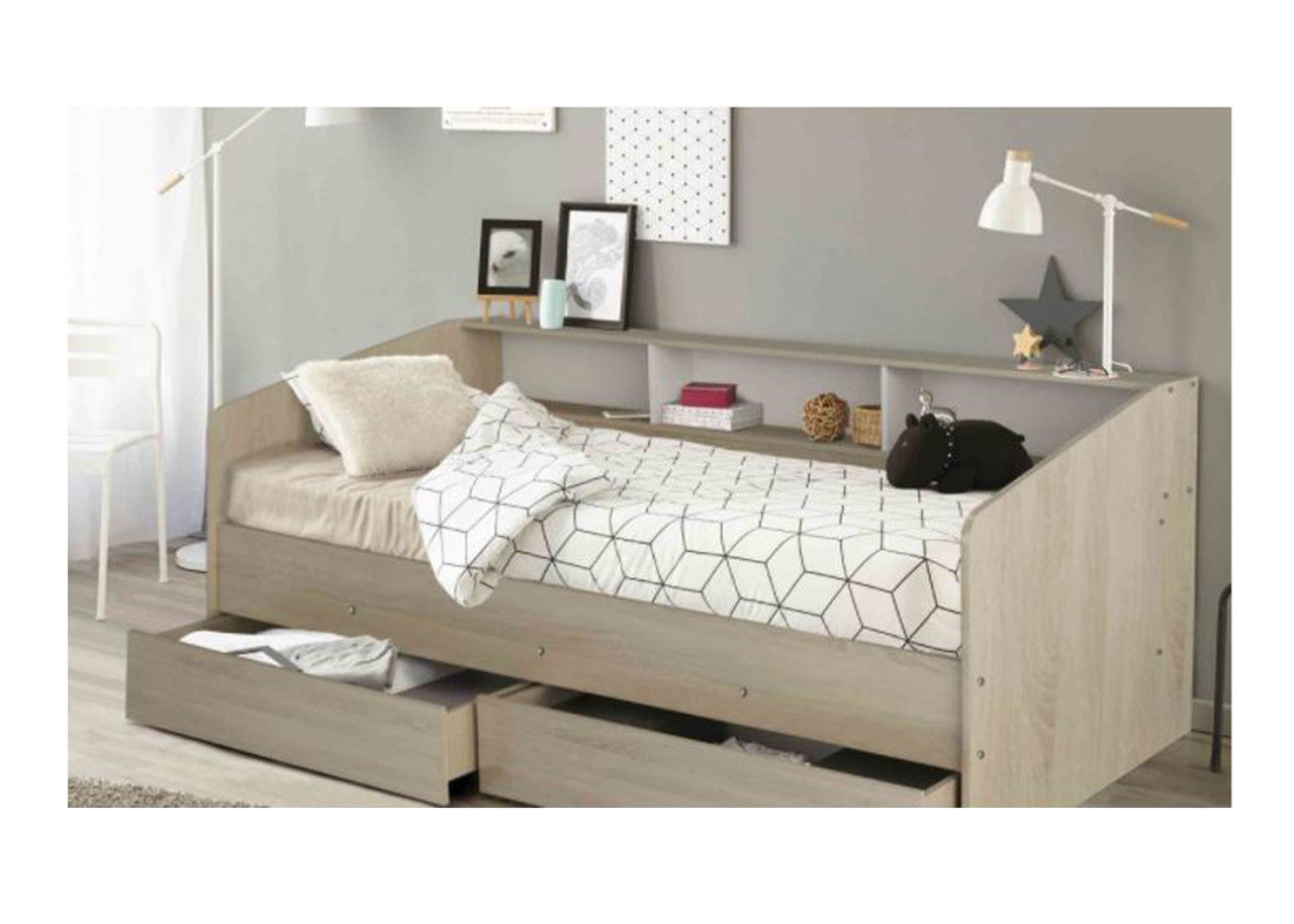 COZY DAY BED (SINGLE) WITH SHELVES & 2 DRAWERS - OAK & WHITE