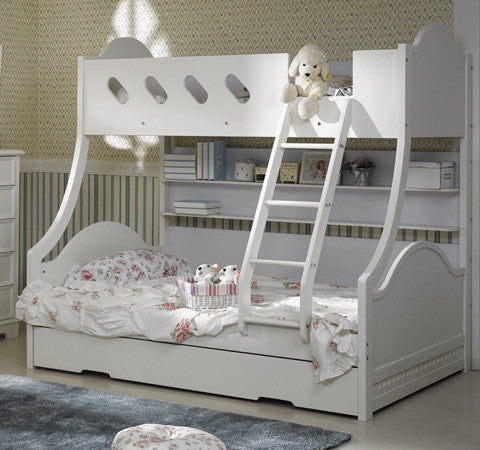 MAJESTIC (AE-523IW) SINGLE OVER DOUBLE (TRIO) BUNK WITH MATCHING SINGLE TRUNDLE BED - IVORY WHITE (MODEL-3-12-15-21-4-25)