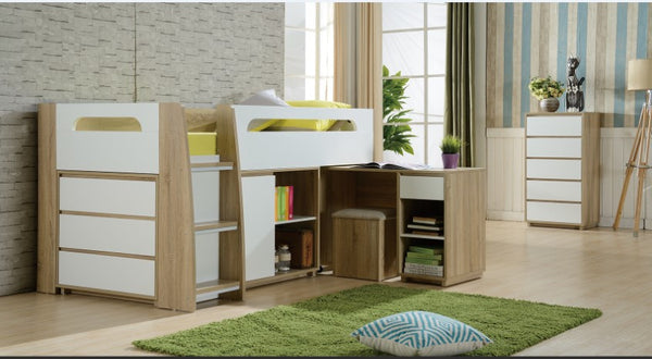 KING SINGLE CHARLIE (LS-095) MIDI SLEEPER BUNK BED - OAK WHITE