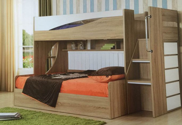 KENERY SINGLE / DOUBLE CONVERTIBLE BUNK WITH SIDE CABINET LADDER WITH SHELF (LS-089) - OAK / WHITE COMBINATION