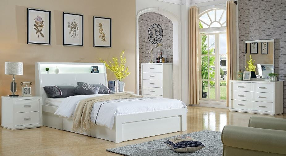 CHICAGO DOUBLE OR QUEEN 5 PIECE DRESSER BEDROOM SUITE WITH 3 DRAWERS OR SIDE GAS LIFT BED  (LS-120 D/Q)- HIGH GLOSS WHITE