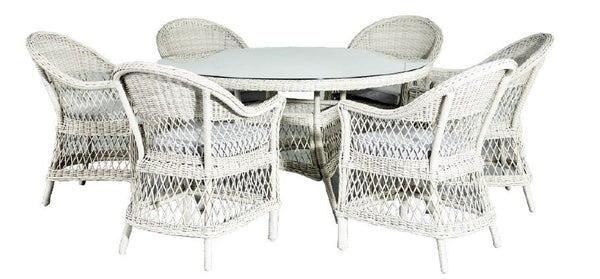 EVEREST WICKER 7 PIECE DINING SETTING WITH 1400(DIA) ROUND TABLE - LIGHT GREY WICKER / GREY FABRIC CUSHIONS