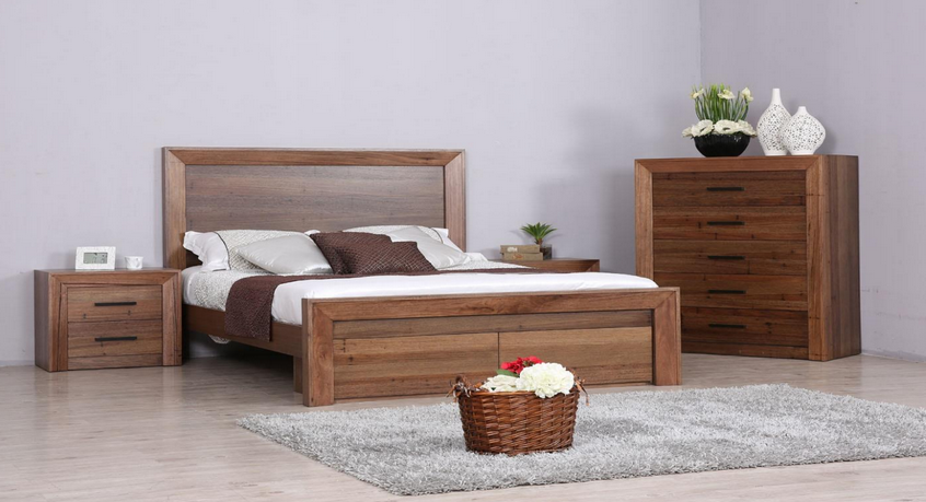 QUEEN BLYTHE BED WITH 2 UNDER BED STORAGE DRAWERS - WORMY OAK