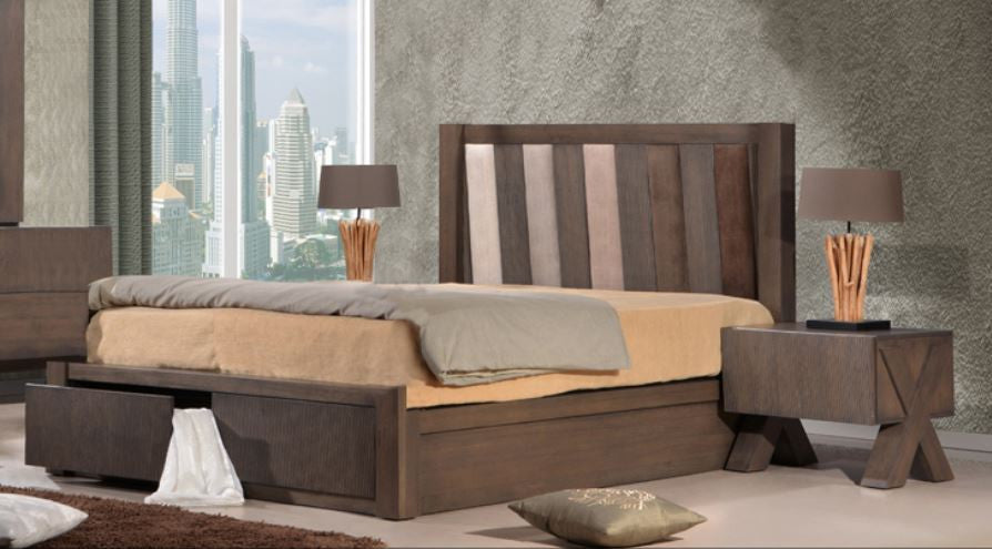 KING PARAGON BED WITH FABRIC INSERT BEDHEAD (22-9-15) - BELGIAN OAK / BEIGE
