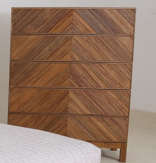 KALISTA 5 DRAWER TALLBOY SOLID AFRICAN OAK HARDWOOD- 1200(H) X 950(W) - AS PICTURED