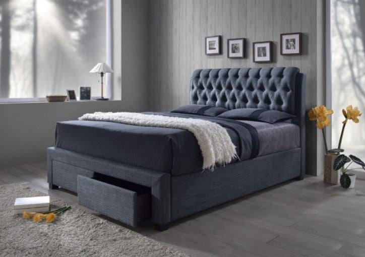 QUEEN LOUTON FABRIC BED WITH 2 BED END DRAWERS - (MODEL-CF-8568) - CHARCOAL GREY