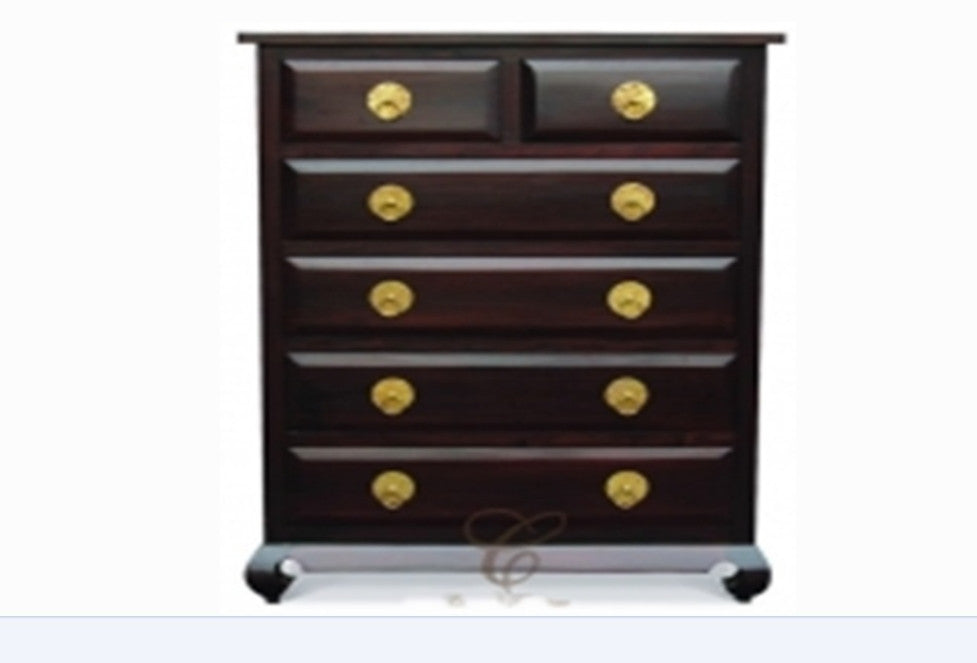 SHANGHAI 6 DRAWER TALLBOY WITH CHUNKY LEG & RING HANDLES (TB 006 OL RH ) -1470(H) X 1100(W) - MAHOGANY OR CHOCOLATE
